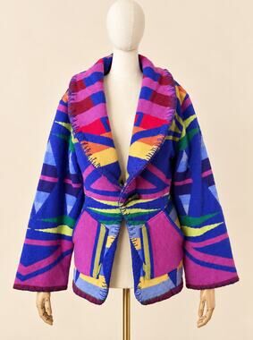 MOUSSY Japan 100% Wool Coatigan Womens S M Blue Multicolor Geometric Jacket